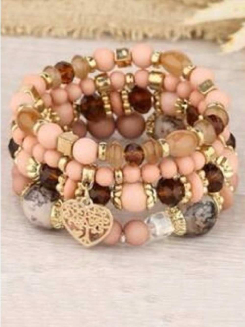 Gold and Peach Beaded Charm Bracelet Stack